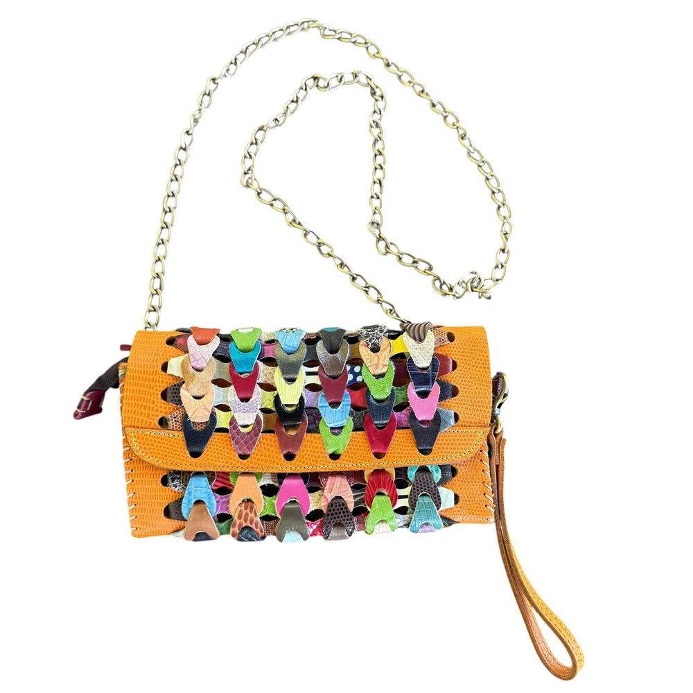 Jesslyn Blake Woven Patchwork Leather Crossbody Wristlet Bag Orange Multi Color